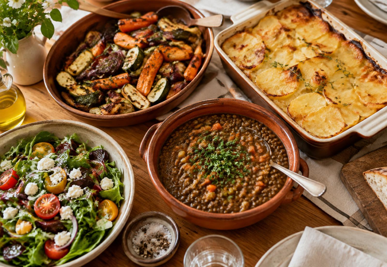 Plusieurs plats maison préparés et posés sur une table en bois